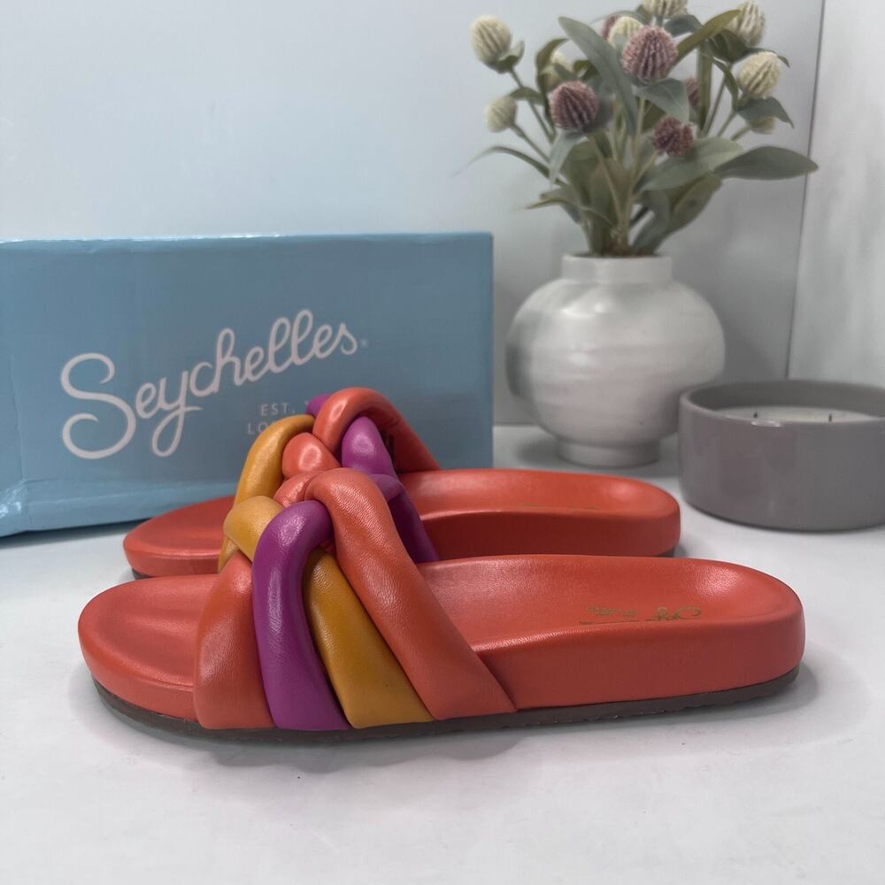 Seychelles Multicolor Knotted Slide Sandals in Coral, Purple & Mustard